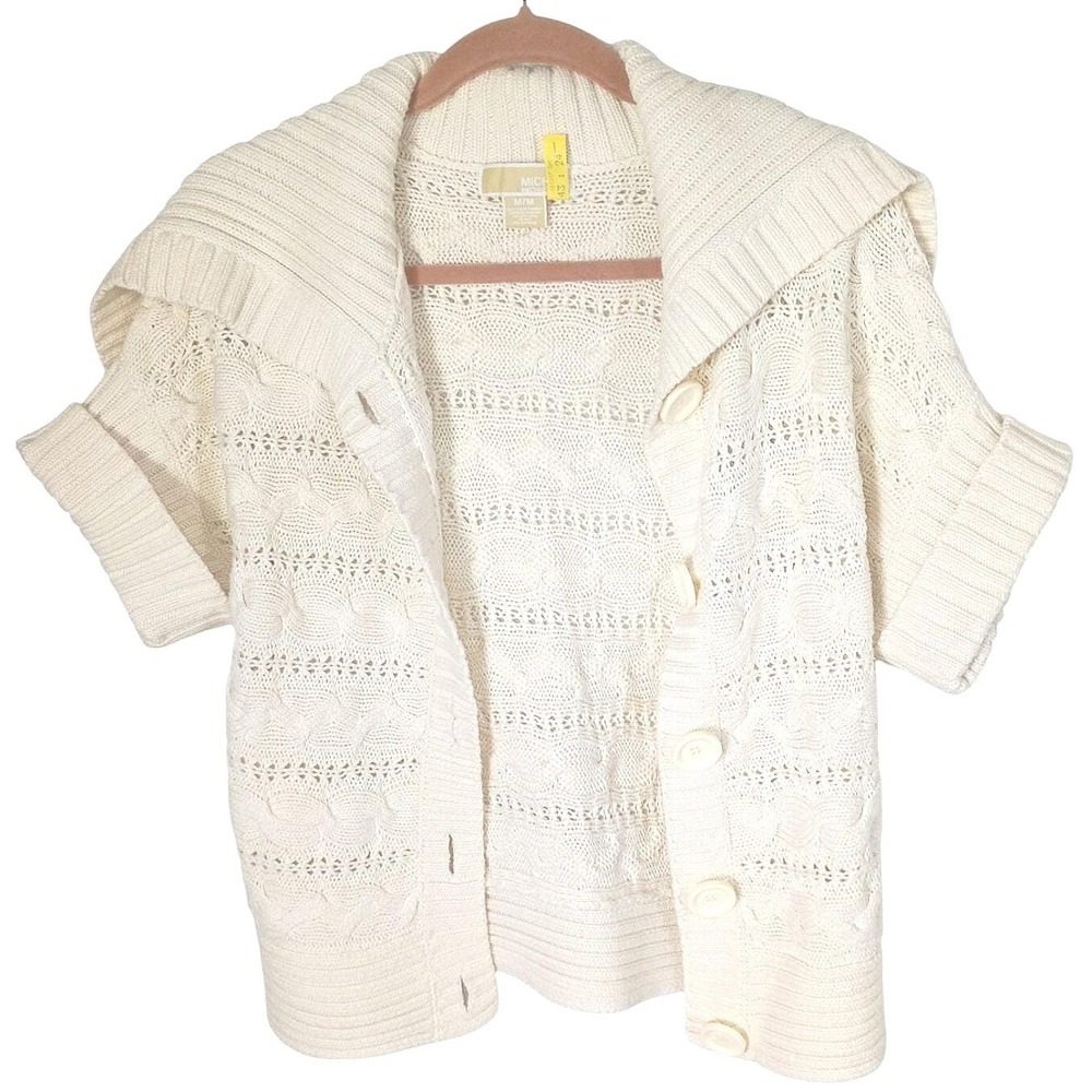 Michael Kors Vintage Womens Cream Cable Knit Short Sleeve Shawl Collar M Cardi - Picture 7 of 10